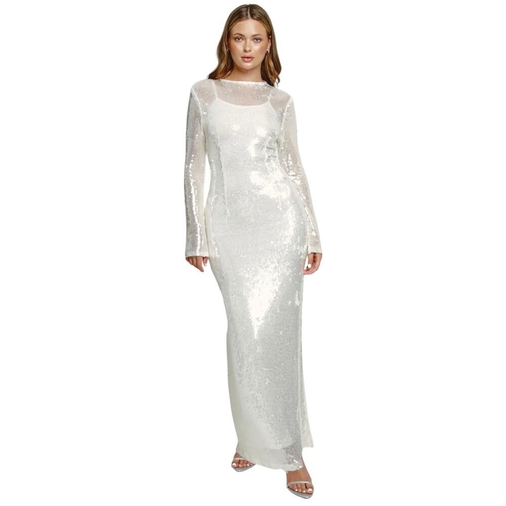 Rare London White Sequin Long Sleeve Maxi Dress, Women's Size 4